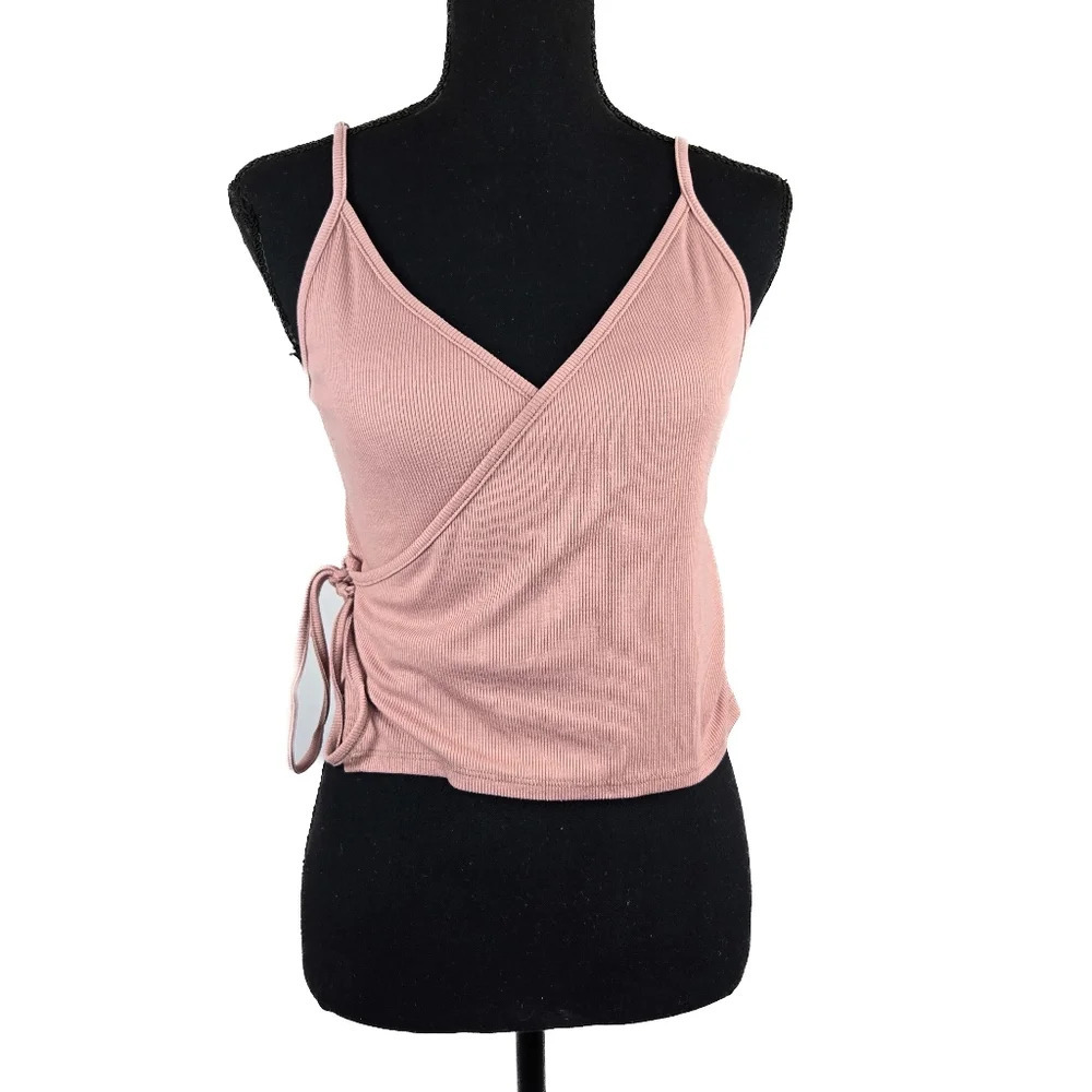 🔥 (5for$35) L.A. HEARTS Faux Wrap Ribbed Crop Top Speghetti Strap Pink